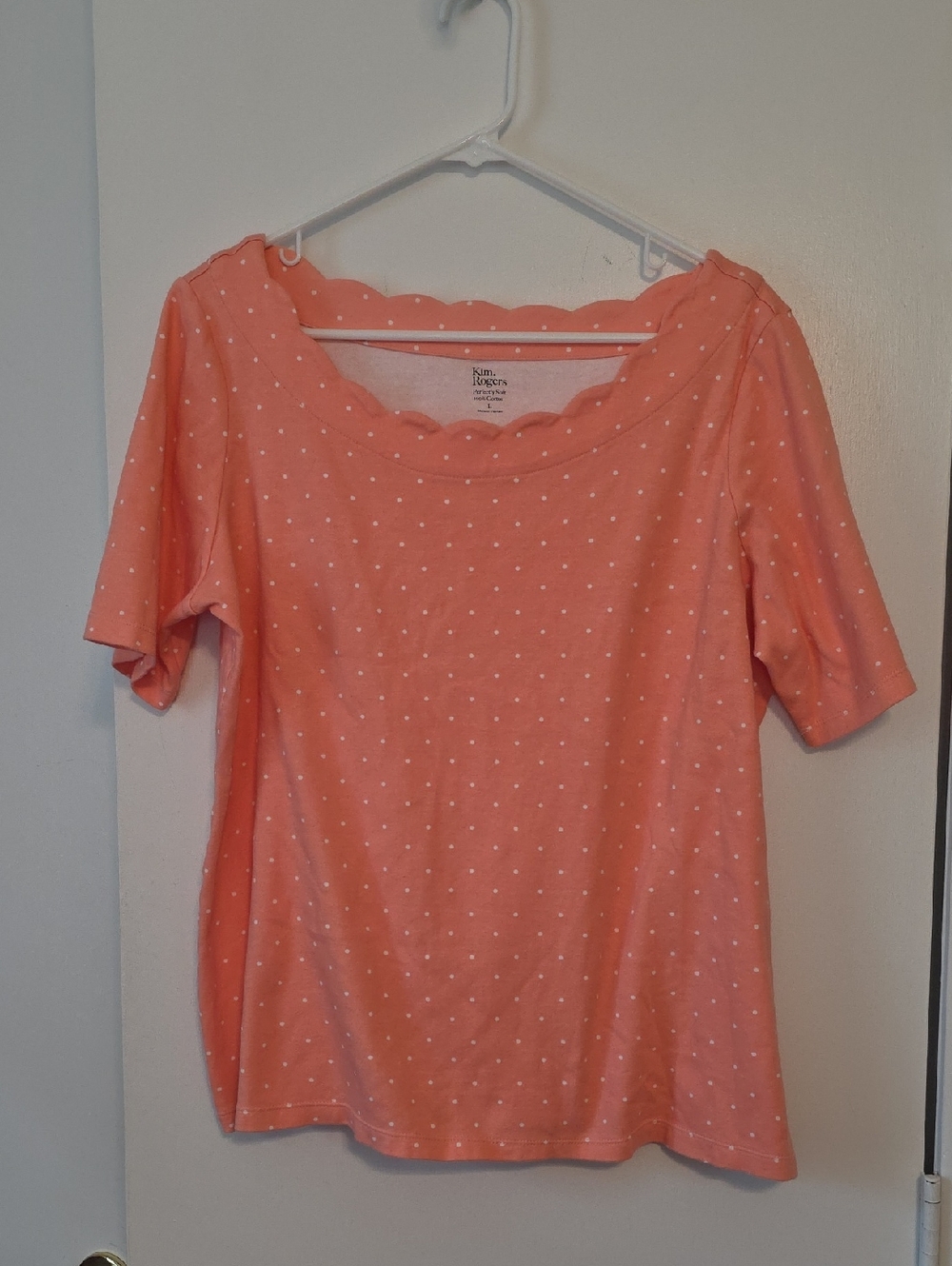 Kim Rogers Coral Scalloped Neck Polka Dot Short Sleeve Top
